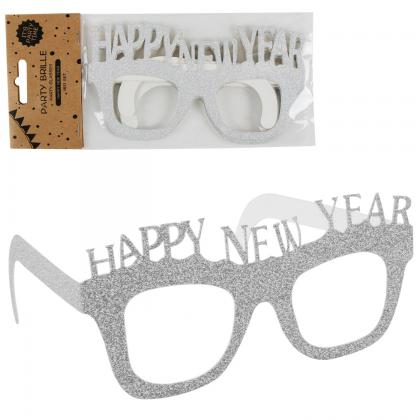 Partybrille Happy New Year, 4er-Set Papier m. Glitter, silberfarben